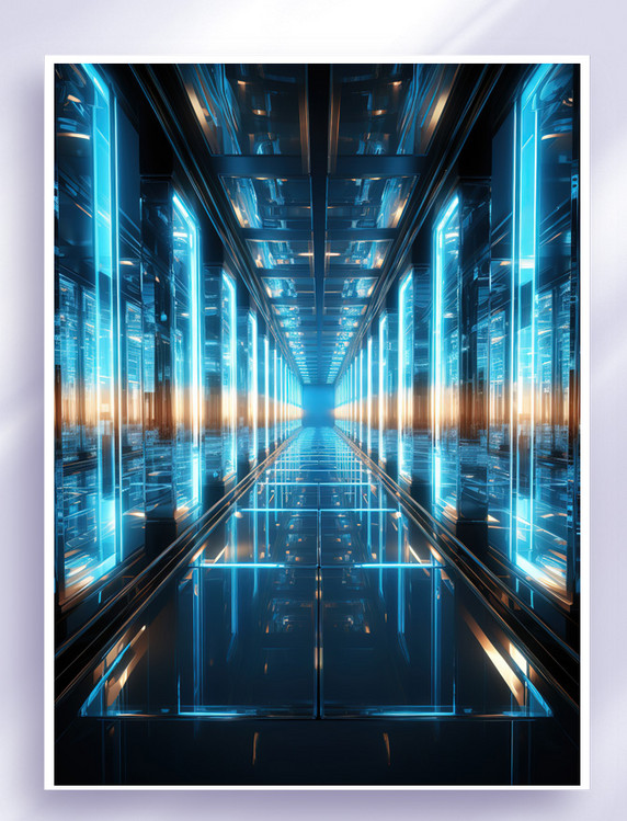 蓝色高科技氛围的未来走廊玻璃通道走廊