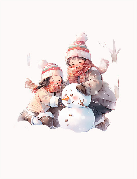 冬天卡通手绘家人堆雪人元素冬季打雪仗