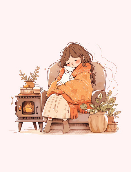 冬天手绘女孩沙发上小猫取暖卡通元素