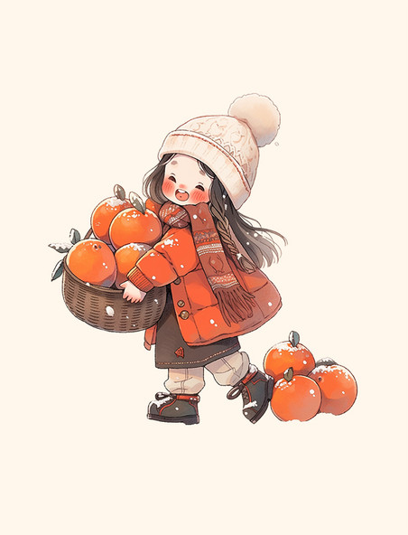 冬天女孩拎着柿子手绘元素卡通人物