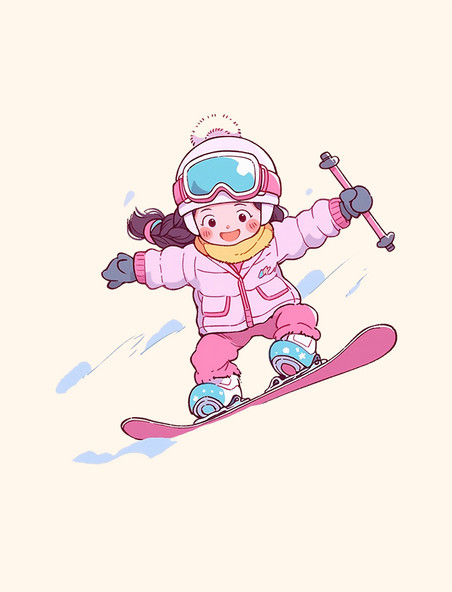 冬天滑雪的女孩卡通人物手绘元素