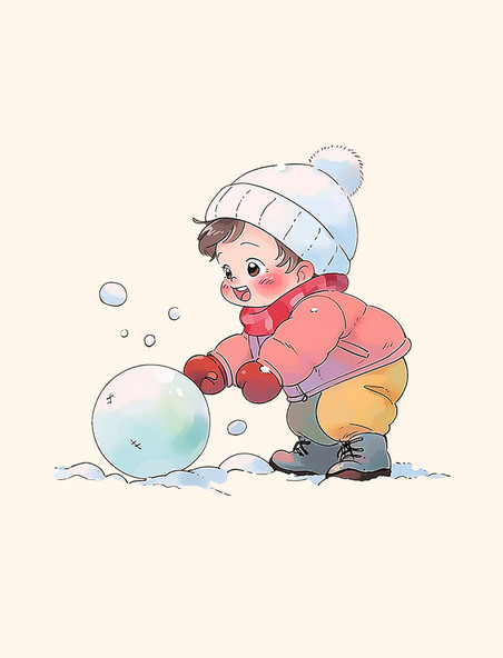 冬天可爱孩子手绘滚雪球卡通人物元素