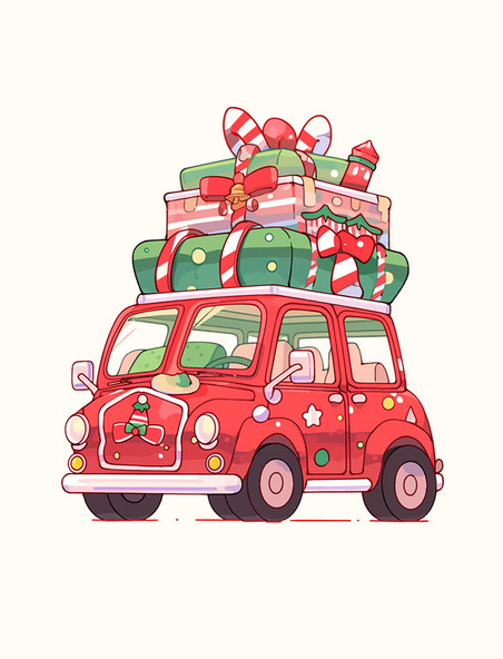 圣诞节礼物汽车卡通手绘装饰元素
