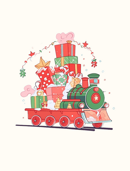 圣诞节卡通小火车礼物手绘装饰元素