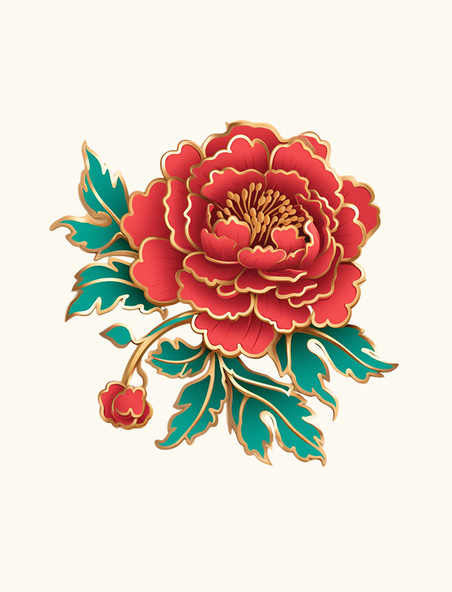 红色质感鎏金牡丹花植物中式免抠装饰元素