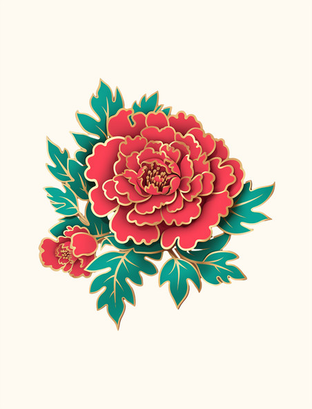 红色质感鎏金牡丹花植物中式装饰免抠元素