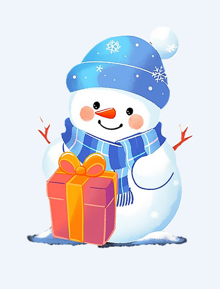 冬天可爱的微笑雪人拿着礼盒手绘元素卡通