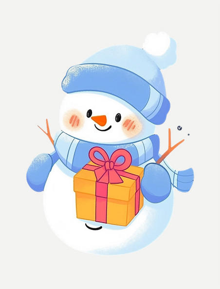 卡通冬天可爱的雪人微笑拿着礼盒手绘元素