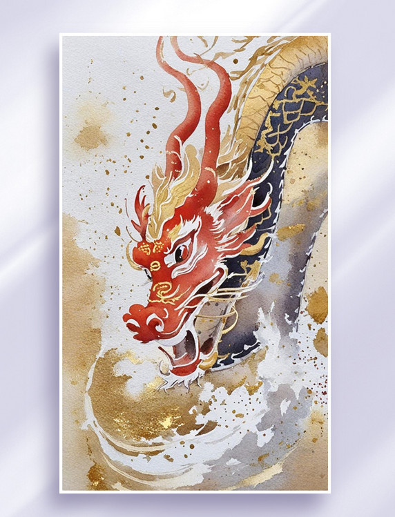 红色金箔龙年春节水彩插画传统国风中国神龙