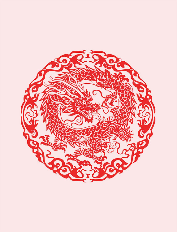 龙年圆形剪纸窗花红色春节元素龙年春节龙