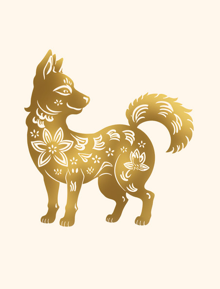 新年小狗剪纸风金色元素动物