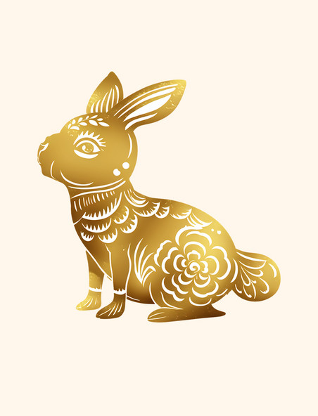 新年兔子公鸡剪纸风金色元素动物