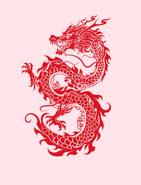 红色龙年新年剪纸窗花龙年春节龙