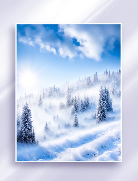 冬天冬季冬日风景雪景雪地下雪大雪森林天空白云写实阳光