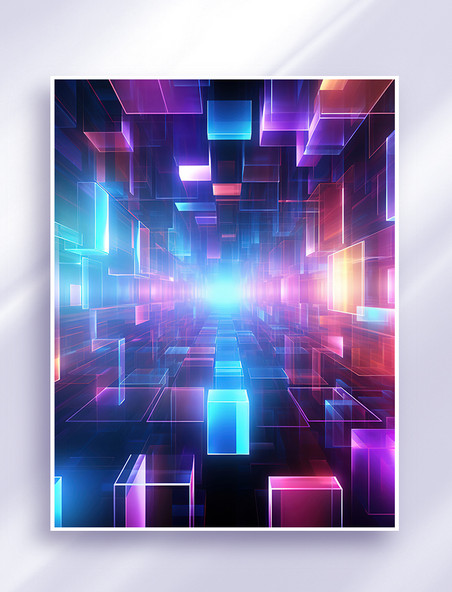 霓虹灯色彩方块几何拼接科技感背景科幻玻璃
