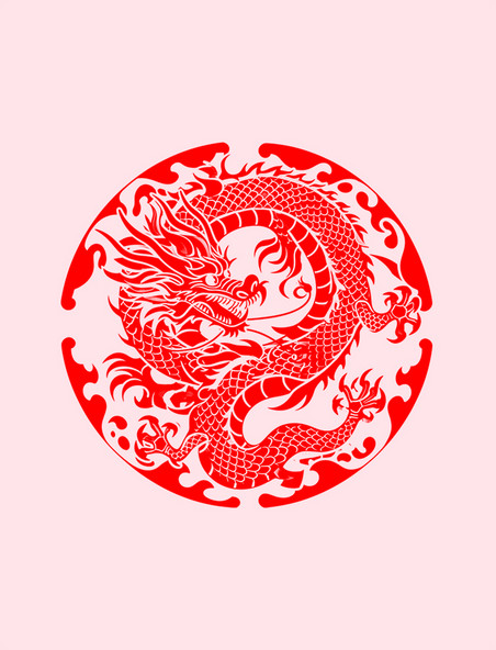 红色圆形剪纸窗花龙年春节龙