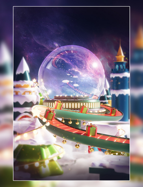 圣诞节3D立体水晶球滑梯冬日圣诞城堡场景