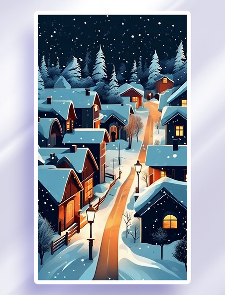 卡通冬季雪景房子插画冬天冬日圣诞节童话小镇