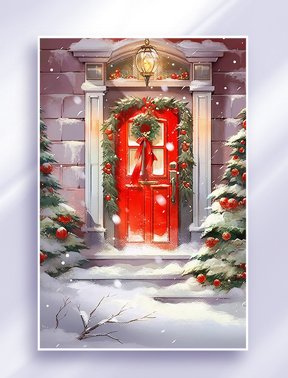 圣诞节门外装饰圣诞树节日插画门口装饰