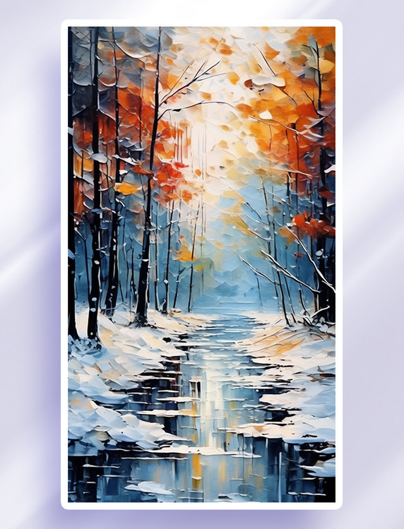 抽象冬季雪景插画冬天冬日森林油画小溪河流树林
