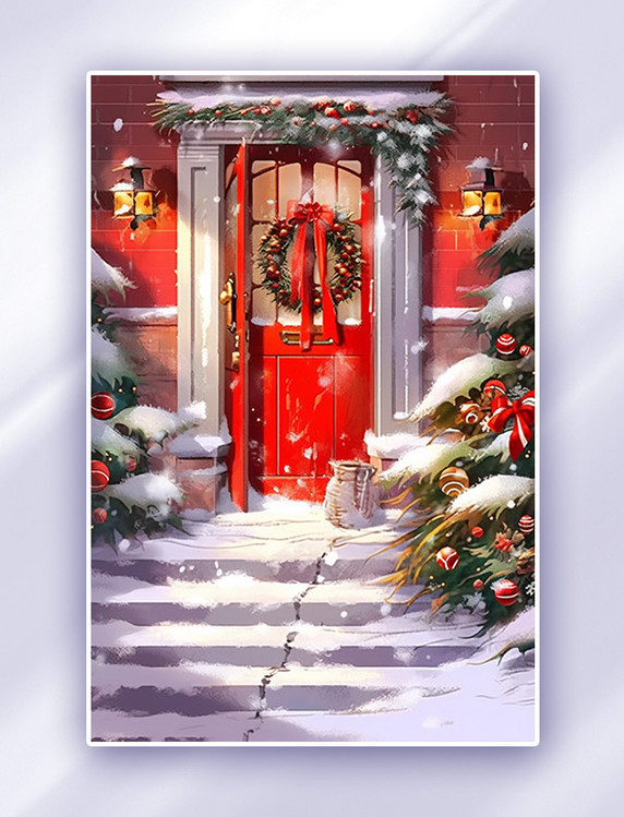 圣诞节门外圣诞树装饰插画门口装饰