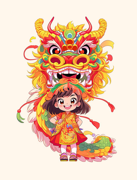 可爱的中国龙和小女孩元素春节龙年