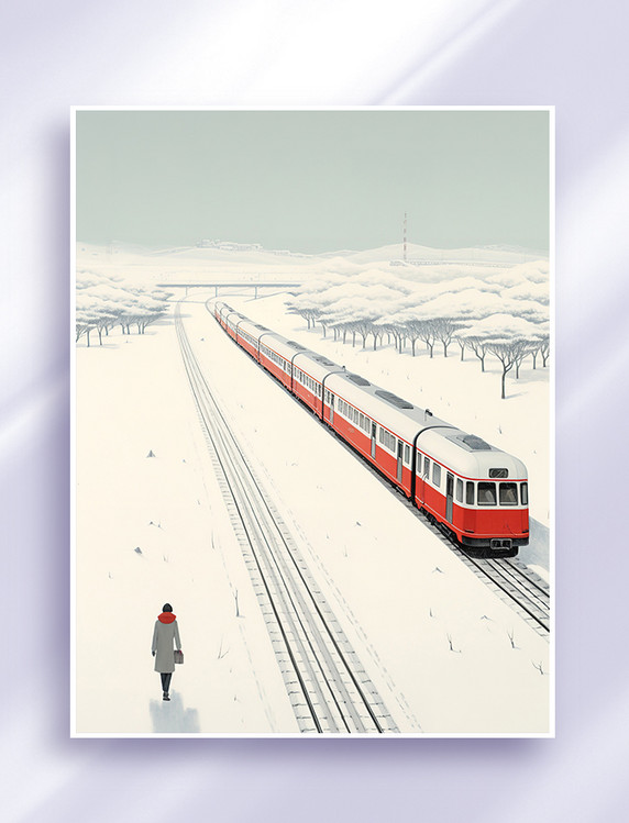 冬天雪地火车行驶插画轨道浪漫唯美大雪春运