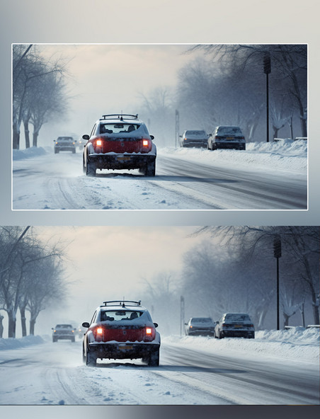 冬日冬天冬季雪地公路雪天行驶的车辆摄影图