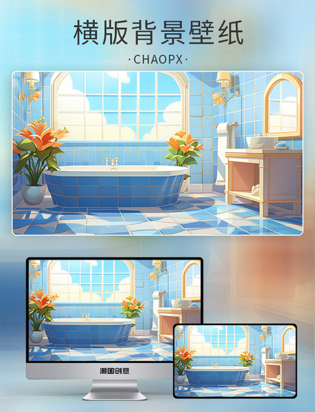 蓝色瓷砖建筑浴室插画场景卡通动画动漫