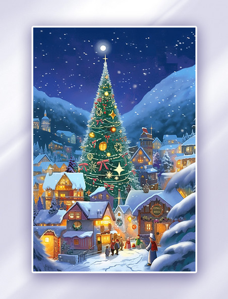 蓝色的星空圣诞节童话小镇插画夜晚圣诞树插画
