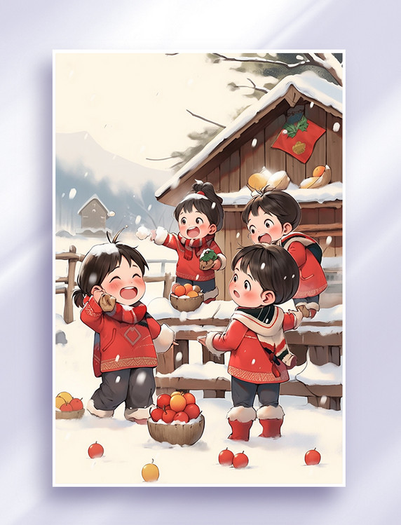 新年可爱孩子玩耍手绘冬天人物插画冬季春节