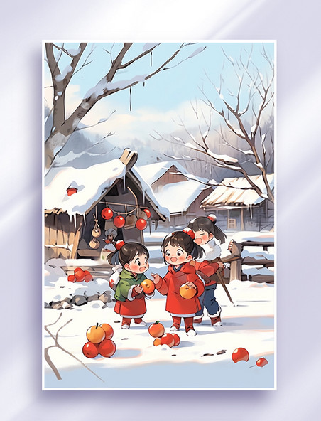 新年可爱孩子儿童冬天玩耍手绘插画春节玩雪