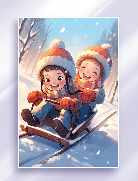 坐雪橇滑雪孩子冬天冬季冬日手绘插画冬季玩雪人物卡通孩子