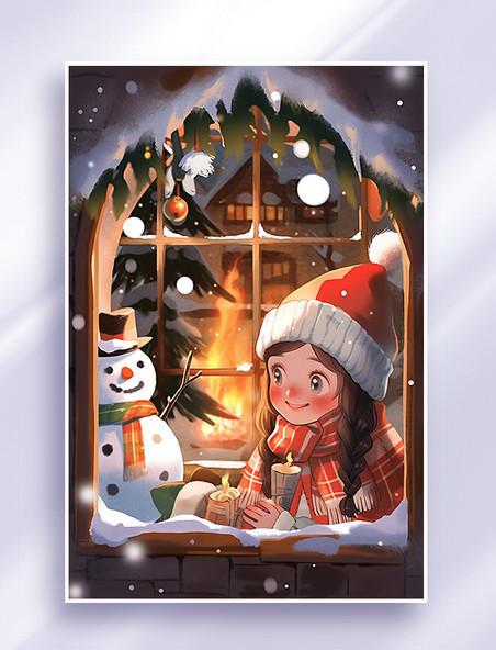 卡通圣诞节可爱女孩圣诞屋手绘人物插画窗户