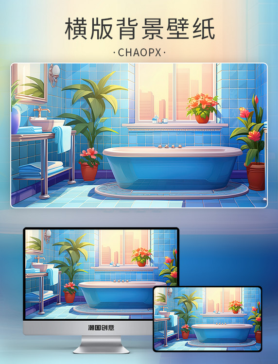 蓝色瓷砖建筑浴室背景卡通动画动漫