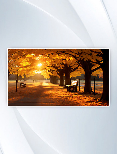 公园林间的长椅摄影高清秋天秋季秋日落日阳光