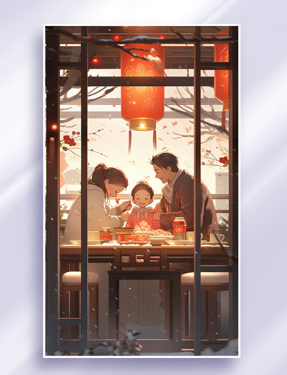 春节一家人吃团圆饭手绘场景插画