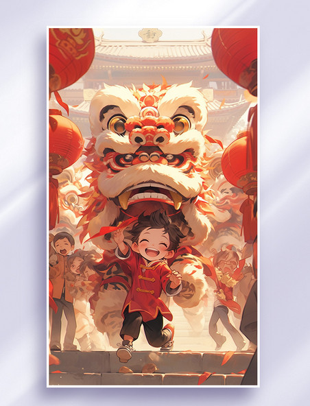中国风春节舞狮热闹的街市AIGC国风插画