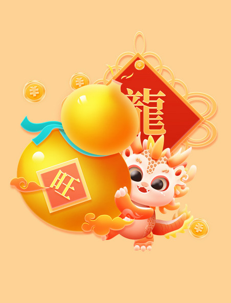 龙年春节喜庆元素葫芦中国结发财金色旺
