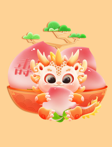 龙年春节喜庆元素寿桃长寿祝福