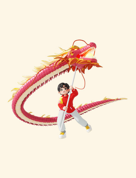 红色3D立体人物舞龙形象春节动物神兽龙年龙