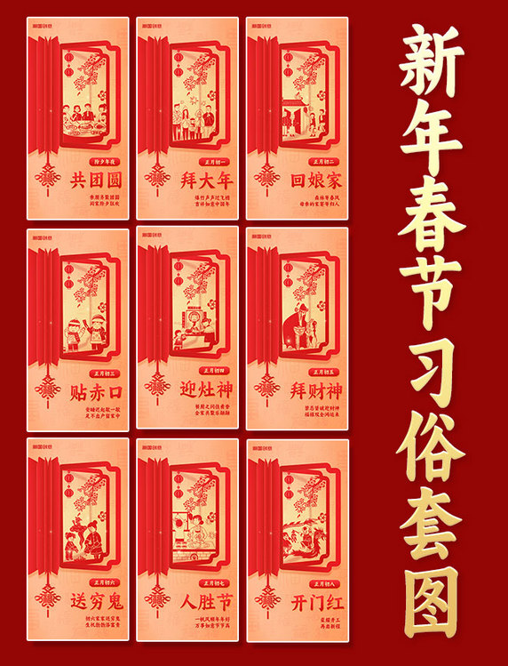 春节习俗海报套图年俗除夕年初一年初二