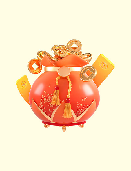 3D立体红色春节促销福袋元宝电商红包优惠券礼物电商促销元素