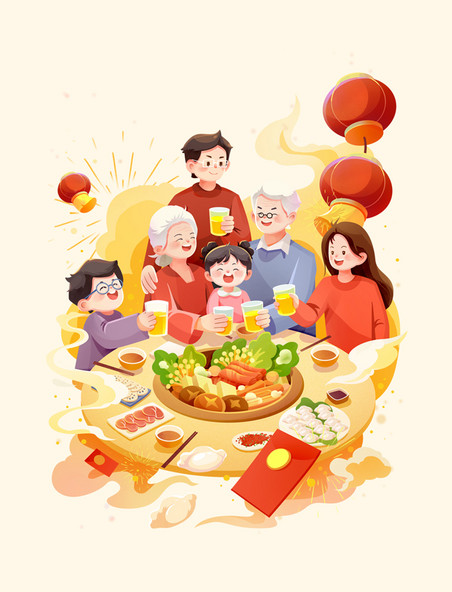 除夕年夜饭春节团圆一家人吃饭元素