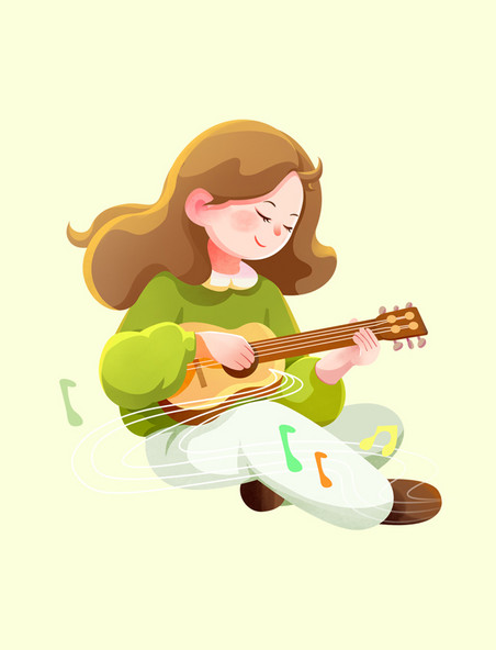 手绘绿色音乐女孩弹吉他元素