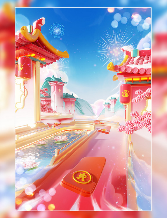 春节中国风建筑3D立体电商场景春天新春