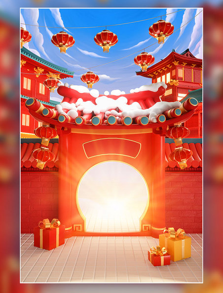3D立体红色中国风春节年货节古风建筑场景电商促销场景