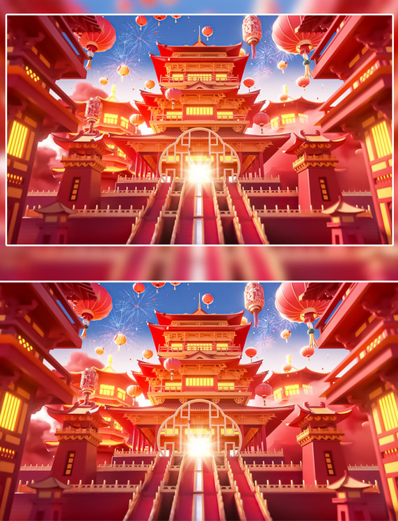 新年龙年3D立体国潮中国风建筑中式展台春节场景
