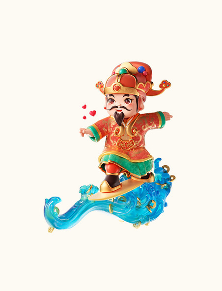 春节3D立体中国风卡通财神爷人物乘风破浪形象