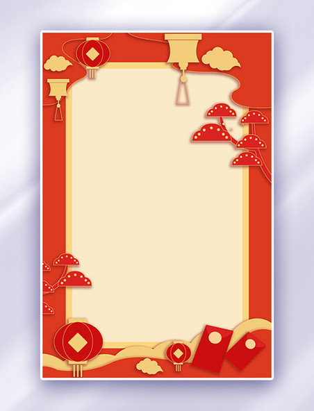 龙年春节灯笼红包红色剪纸风边框背景